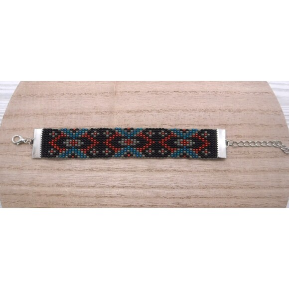 Loom Beaded Bracelet Black, Maroon & Teal - Picture 2 of 4